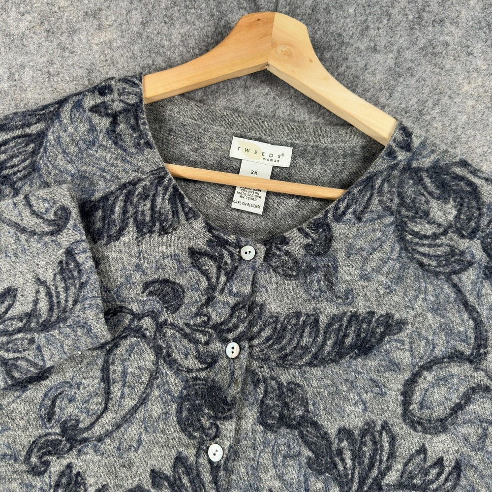 Tweeds Sweater Womens 2X Gray Wool Angora Floral Button Cardigan‎ Long Sleeve